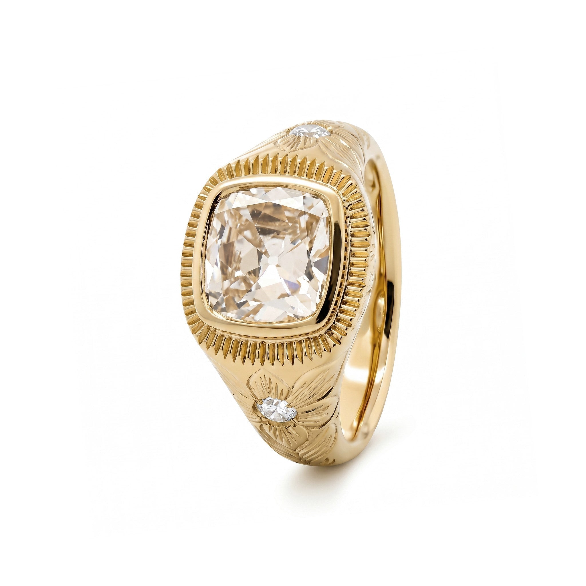 14K Yellow Gold 2.33CT Cushion Old Mine Cut Lab Diamond Hand - Engraved Flower Details Bezel Set Ring - MMR
