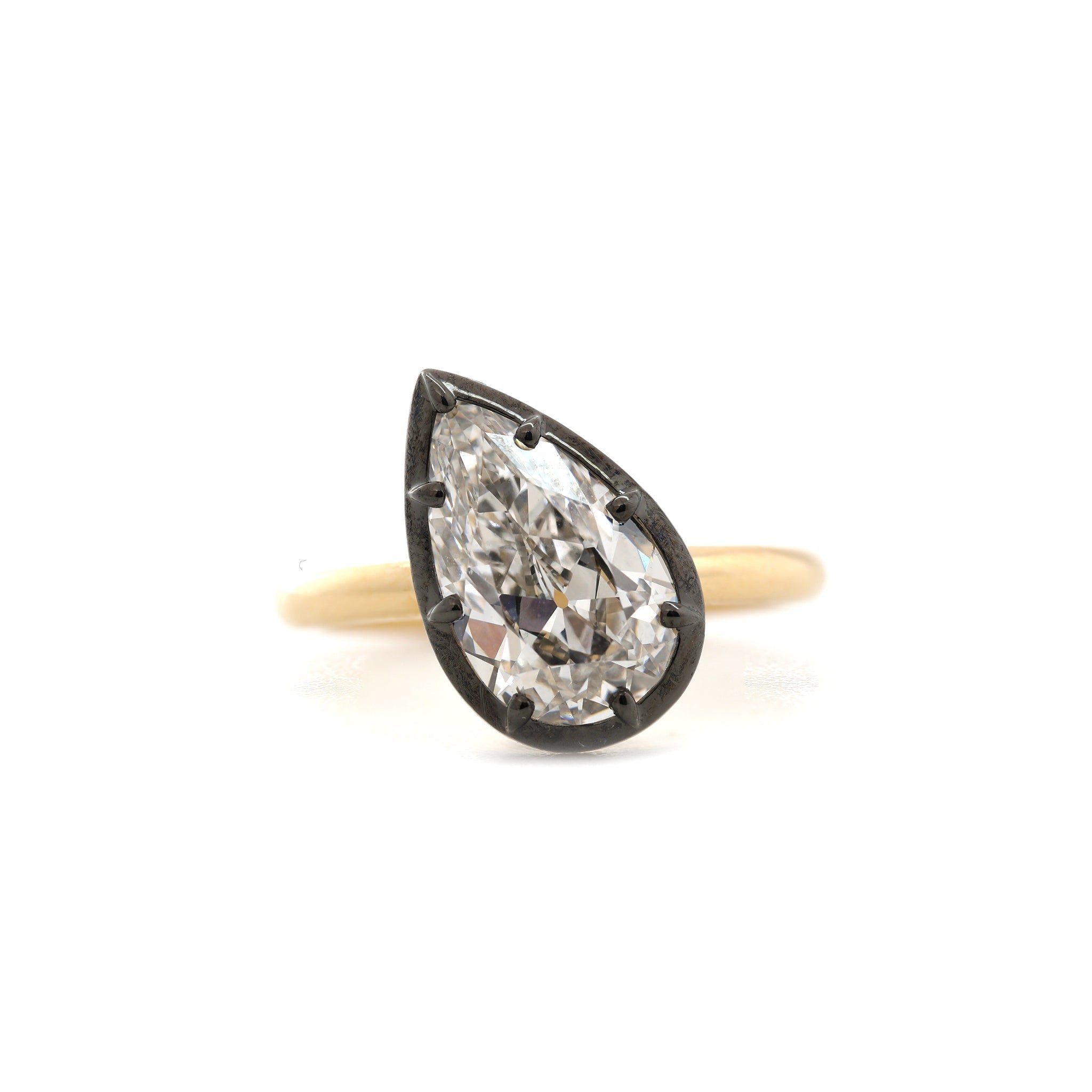 14K Yellow Gold 2.79CT Pear Old Mine Cut Lab Diamond Black Rhodium Plating Bezel Set Ring - MMR