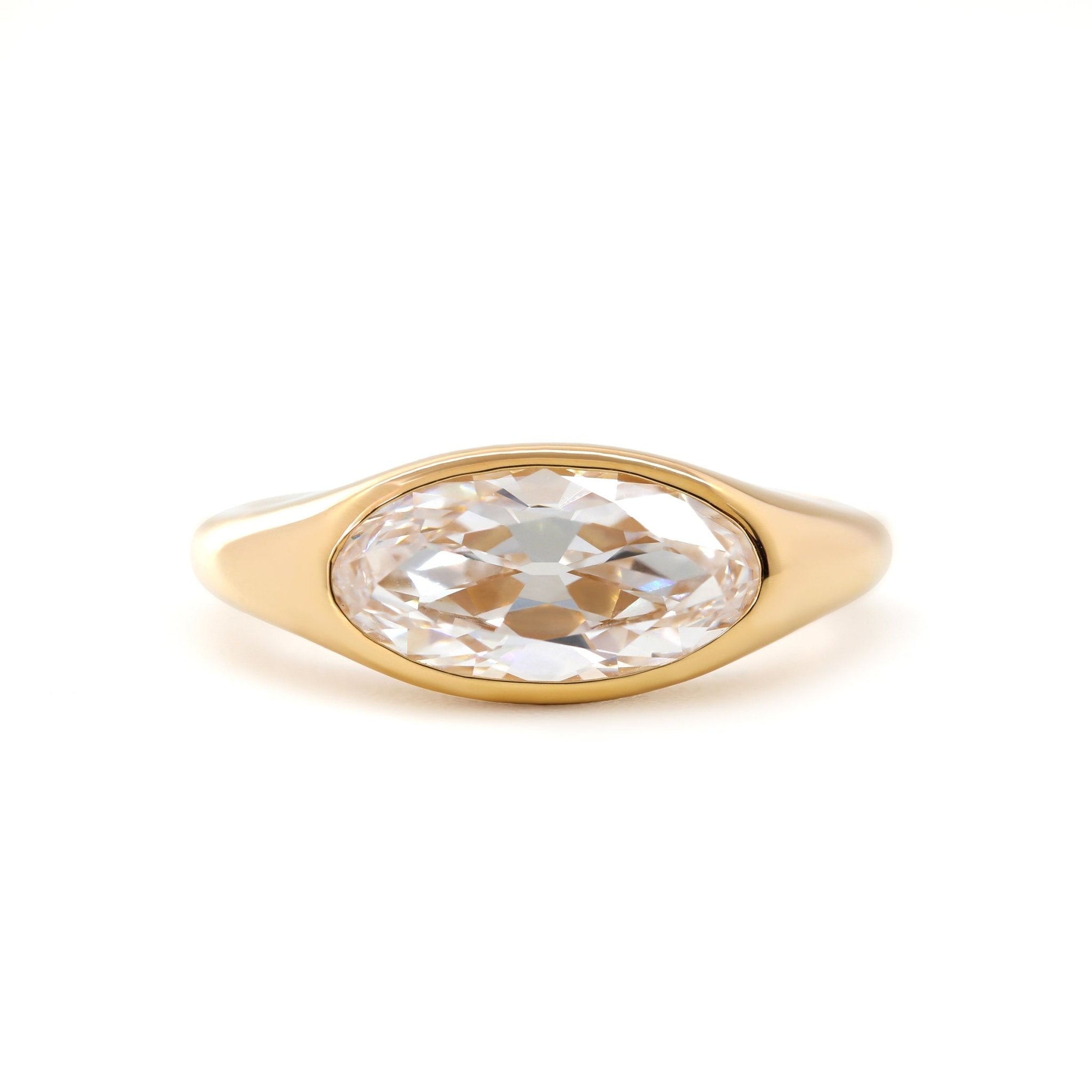 14K Yellow Gold 2ct Elongated Oval Old Mine Cut Lab Diamond Bezel Solitaire Ring - MMR