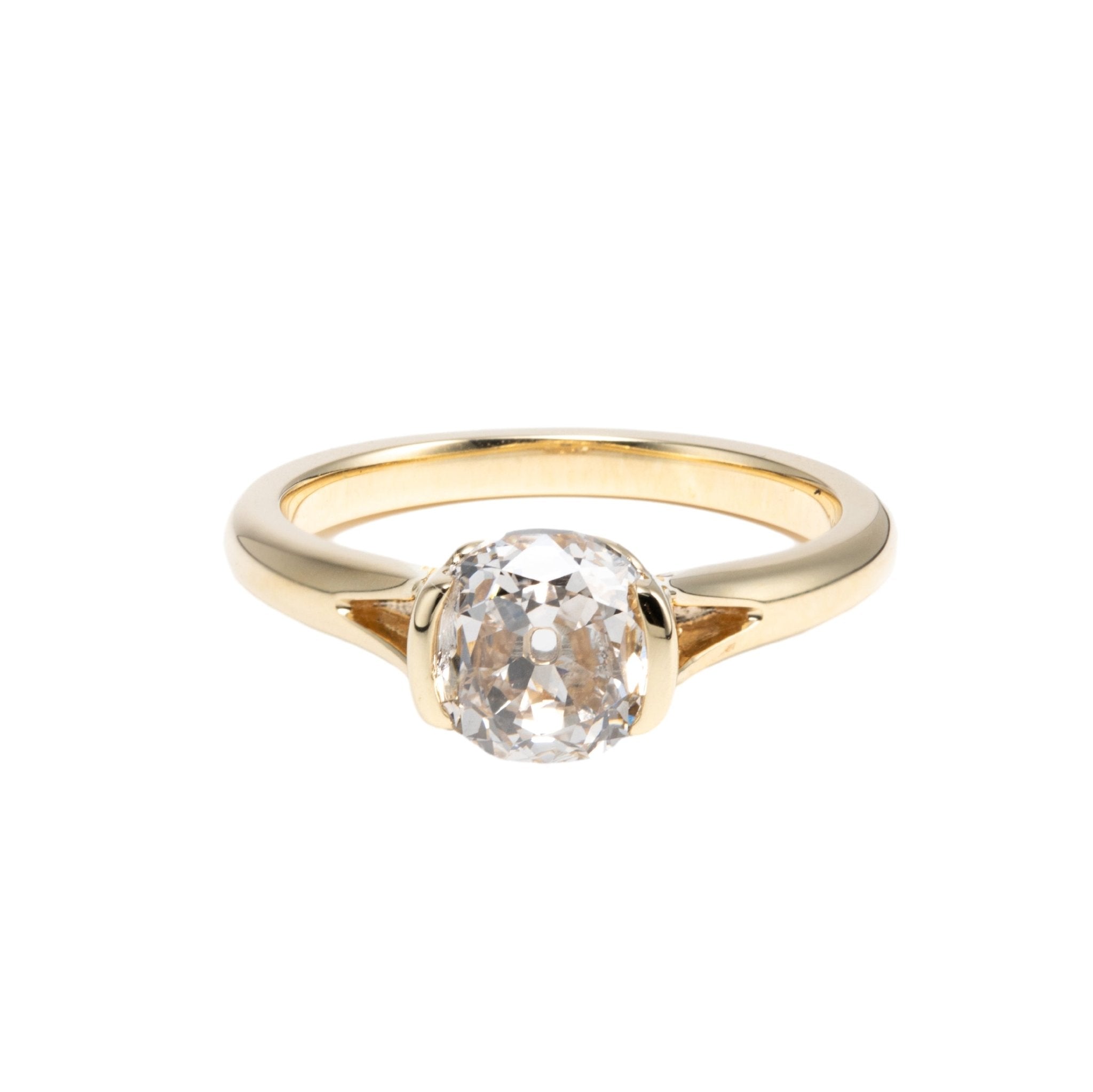 14K Yellow Gold 2ct Old Mine Cut Lab Diamond Half Bezel Ring with Knot Design - MMR