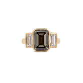 14K Yellow Gold 3.5ct Emerald Cut Brown Lab Diamond Three - stone Bezel Ring with Two Baguette Cut Lab Diamonds - MMR