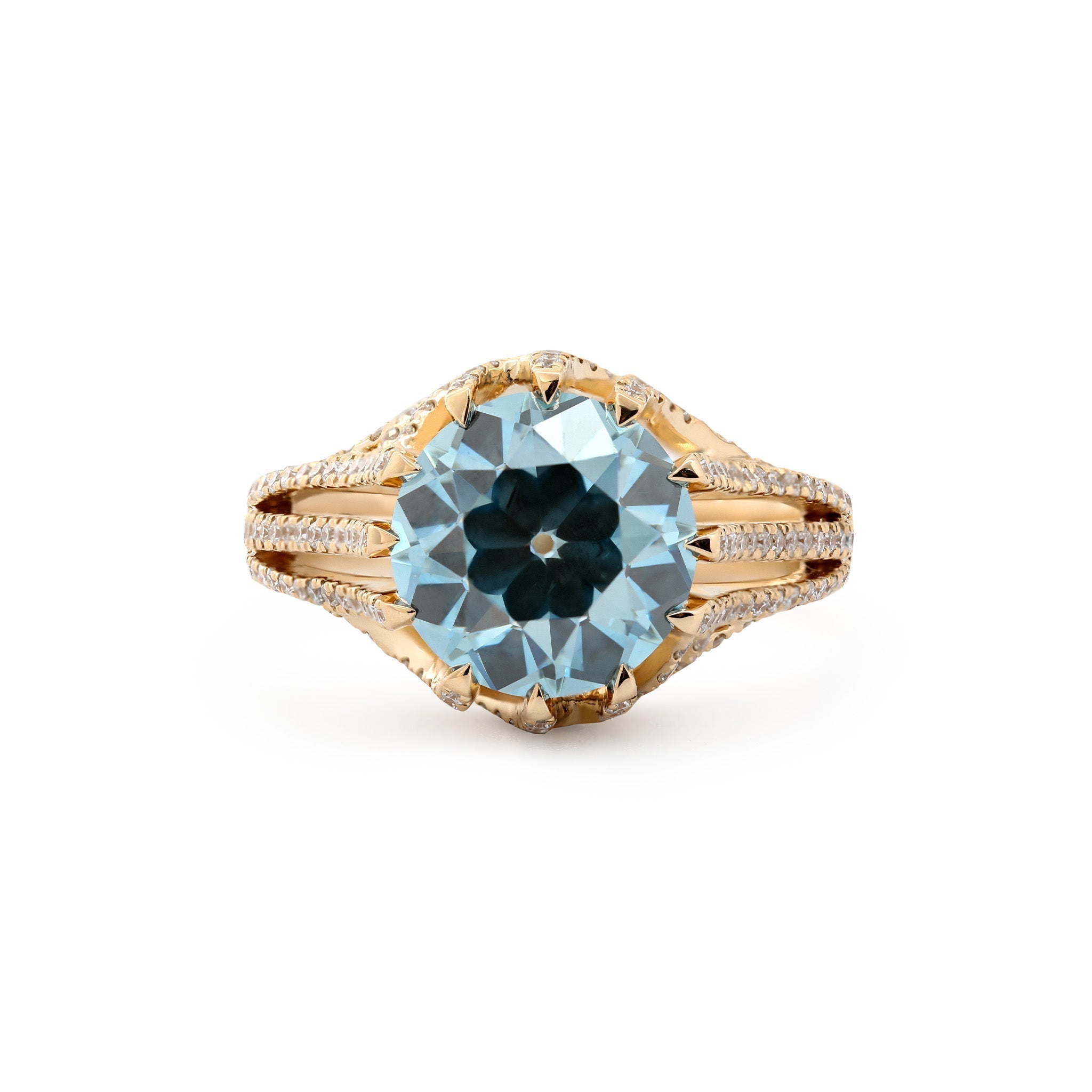 14K Yellow Gold 3.67CT Blue Old European Cut Lab Diamond Multi Row Band High - Set Design Ring - MMR