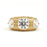 14K Yellow Gold 3.6CTW Old European Cut Lab Diamond Vintage Style Hand - engraved Three Stone Ring - MMR