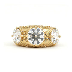 14K Yellow Gold 3.6CTW Old European Cut Lab Diamond Vintage Style Hand - engraved Three Stone Ring - MMR