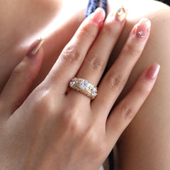 14K Yellow Gold 3.6CTW Old European Cut Lab Diamond Vintage Style Hand - engraved Three Stone Ring - MMR
