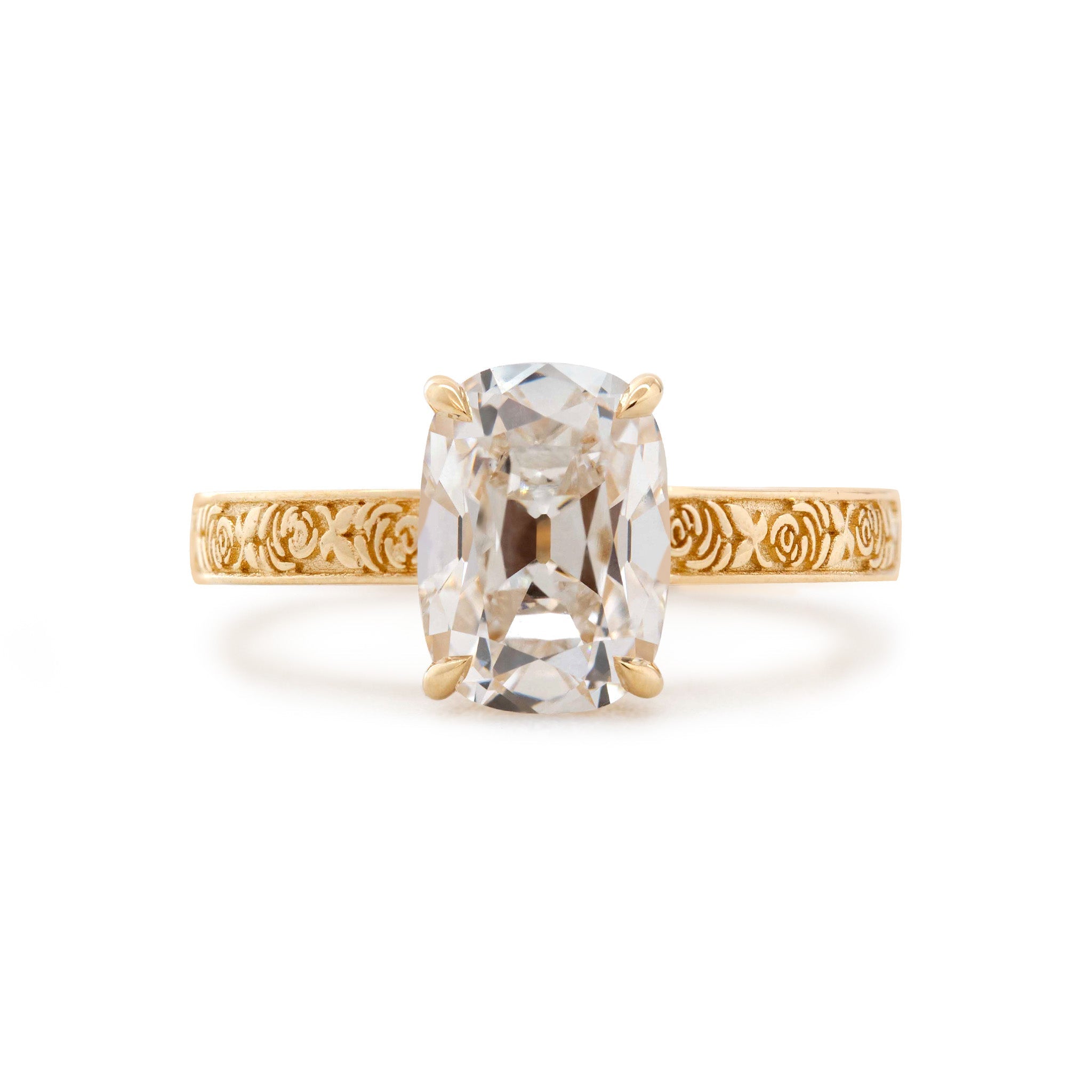 14K Yellow Gold 3CT Cushion Old Mine Cut Lab Diamond Basket Set Vintage Hand Engraved Band Ring - MMR
