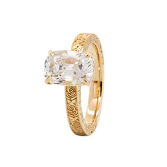 14K Yellow Gold 3CT Cushion Old Mine Cut Lab Diamond Basket Set Vintage Hand Engraved Band Ring - MMR