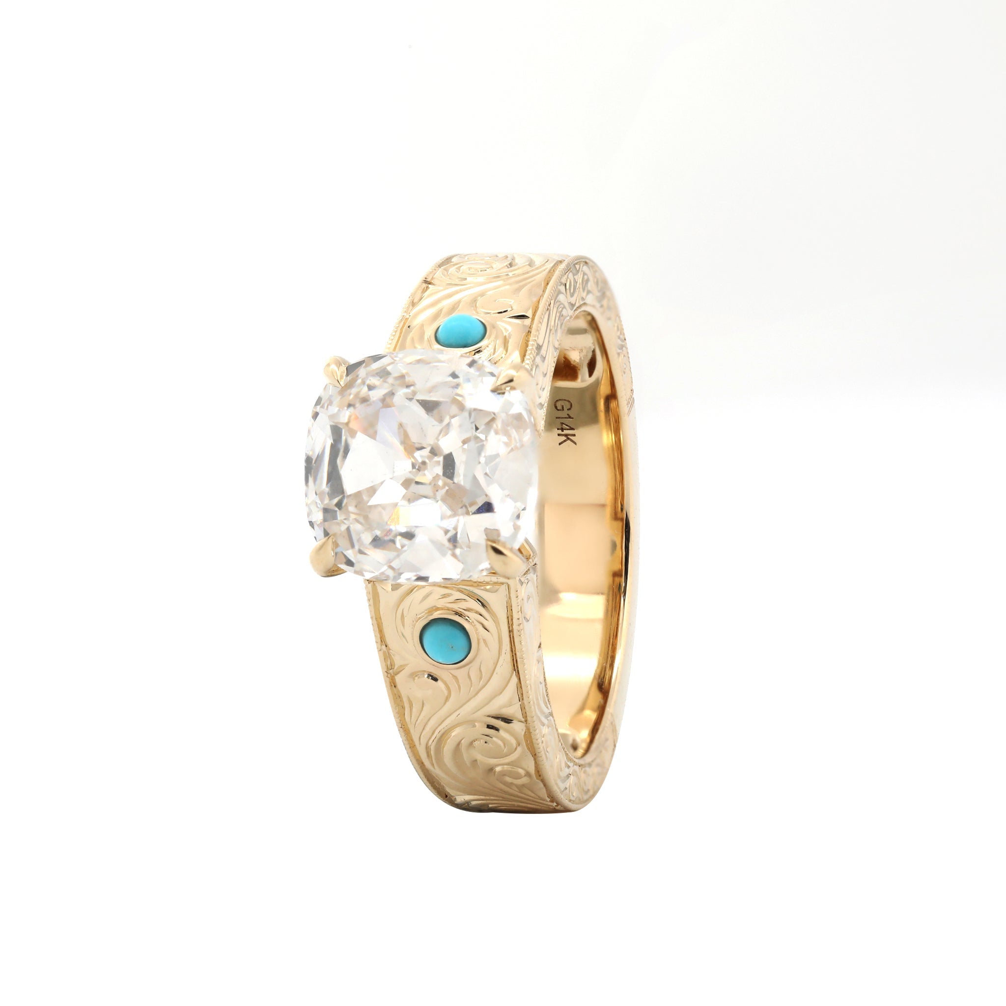 14K Yellow Gold 3CT Cushion Old Mine Cut Lab Diamond Wide Band Design Ring Paired with Turquoise - MMR