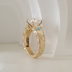 14K Yellow Gold 3CT Cushion Old Mine Cut Lab Diamond Wide Band Design Ring Paired with Turquoise - MMR