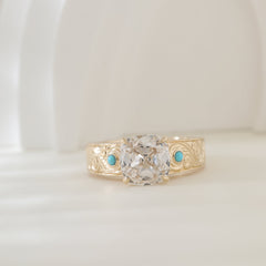 14K Yellow Gold 3CT Cushion Old Mine Cut Lab Diamond Wide Band Design Ring Paired with Turquoise - MMR