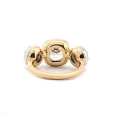 14K Yellow Gold 3CT Cushion Old Mine Cut Three - Stone White Rhodium Bezel - Set Ring with OEC Side Diamonds - MMR