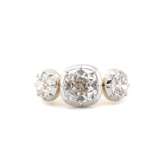 14K Yellow Gold 3CT Cushion Old Mine Cut Three - Stone White Rhodium Bezel - Set Ring with OEC Side Diamonds - MMR
