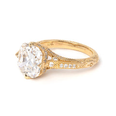 14K Yellow Gold 3ct Old Mine Cut Lab Diamond Crown Setting Diamond - milling Vintage Ring with Round Lab Diamond Side - stone - MMR