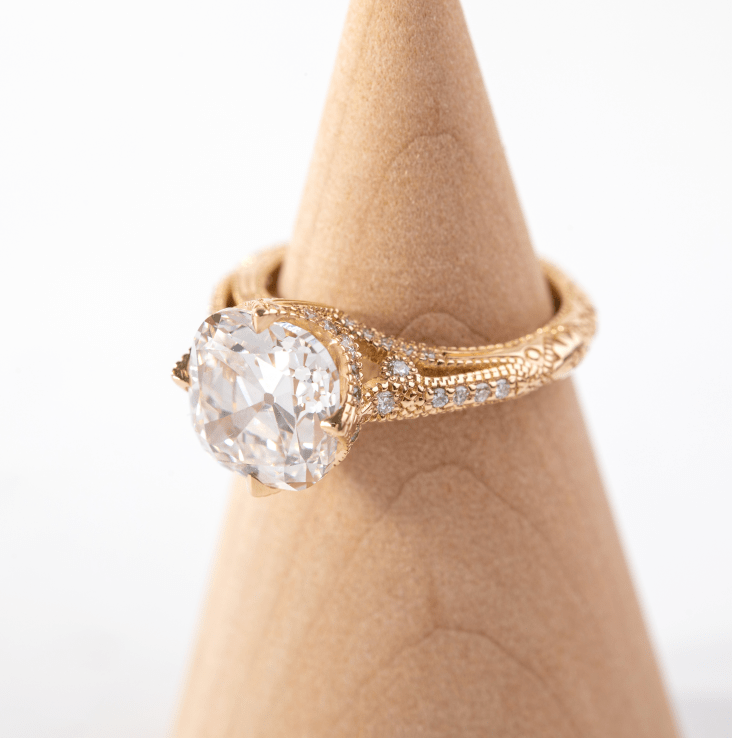 14k Yellow Gold 3ct Old Mine Cut Lab Diamond Prong Setting Diamond-milling Vintage Side-stone Engagement Ring