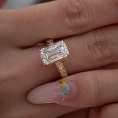 14K Yellow Gold 4.53CT Criss - Cut Lab Diamond 4 - Prong Solitaire Ring with Hand Engraved Motif Band - MMR
