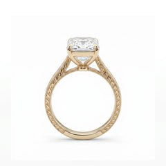 14K Yellow Gold 5.19CT Vintage Emerald - Cut Lab Diamond Hand - Engraved Ring with Taper Band - MMR