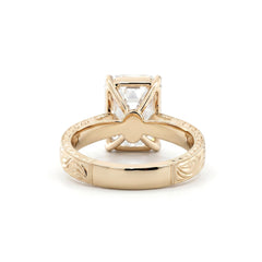 14K Yellow Gold 5.19CT Vintage Emerald - Cut Lab Diamond Hand - Engraved Ring with Taper Band - MMR