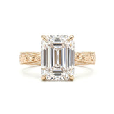 14K Yellow Gold 5.19CT Vintage Emerald - Cut Lab Diamond Hand - Engraved Ring with Taper Band - MMR