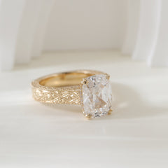 14K Yellow Gold 5.42CT Cushion Old Mine Cut Lab Diamond Vintage Hand - Engarved Wide Band Design Ring - MMR