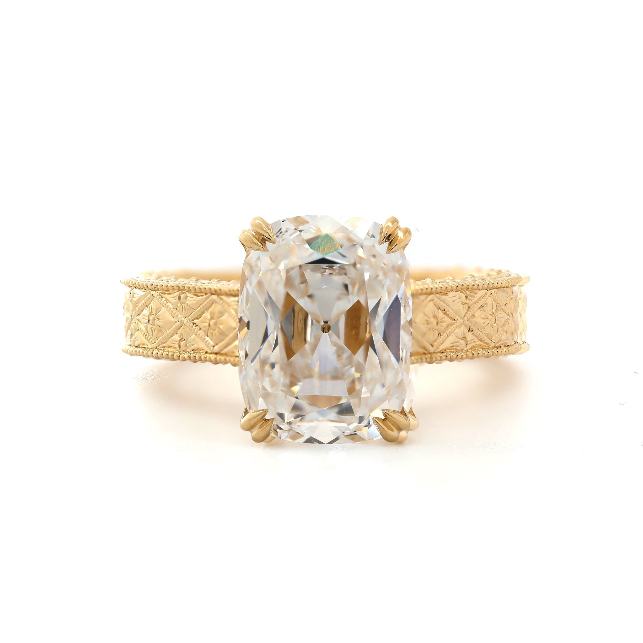 14K Yellow Gold 5.42CT Cushion Old Mine Cut Lab Diamond Vintage Hand - Engarved Wide Band Design Ring - MMR