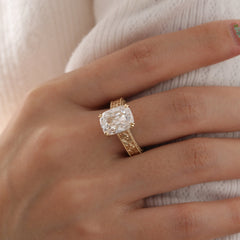 14K Yellow Gold 5.42CT Cushion Old Mine Cut Lab Diamond Vintage Hand - Engarved Wide Band Design Ring - MMR