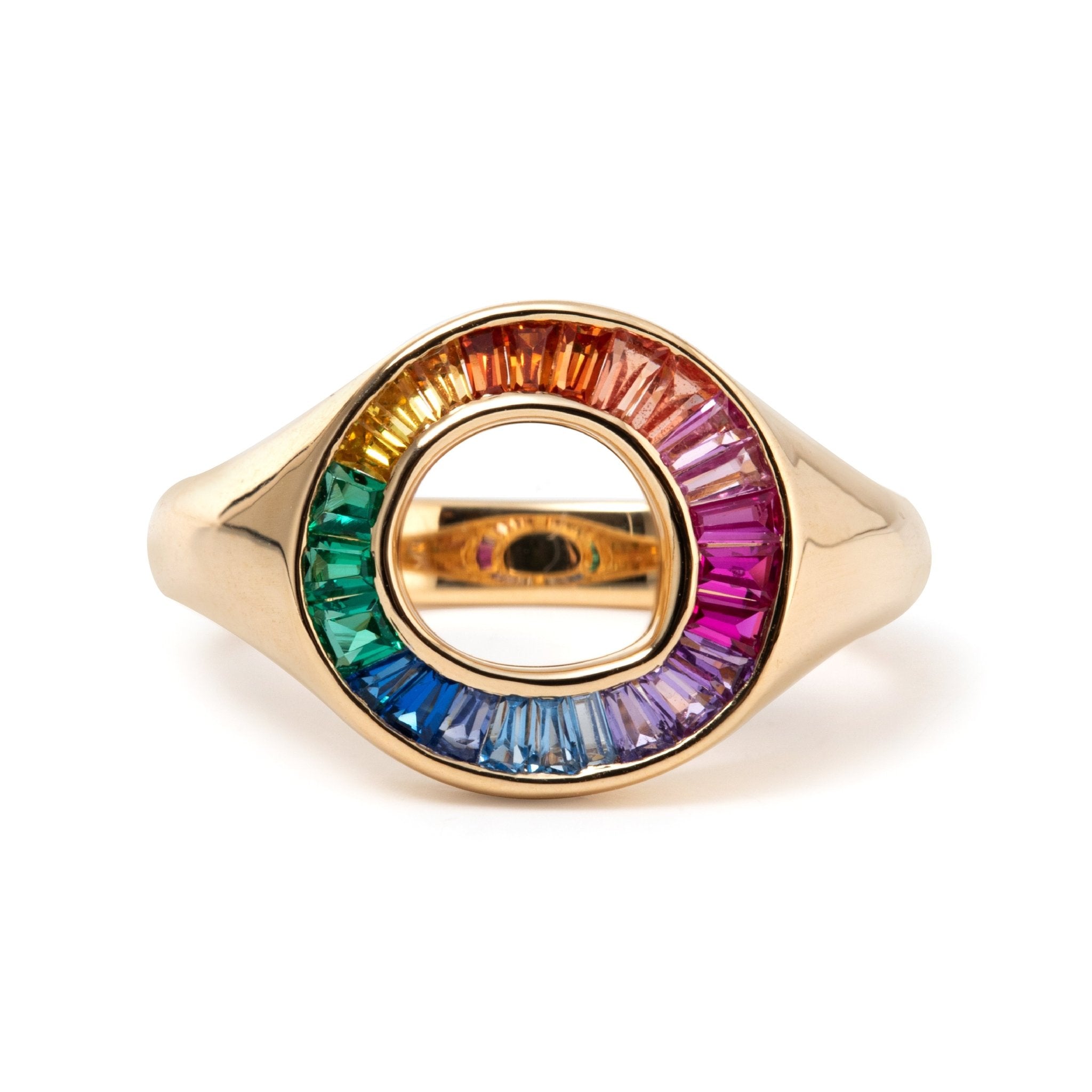 14K Yellow Gold Baguette Cut Rainbow Color Lab Sapphire Channel Setting Sphere Ring - MMR