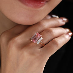 14K Yellow Gold Elongated Emerald-Cut Lab Pink Sapphire Three-Stone Cocktail Ring with Baguette Moissanite Side-stones - MMR