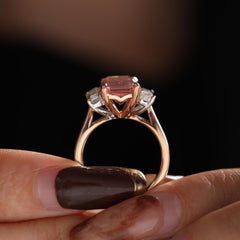 14K Yellow Gold Elongated Emerald-Cut Lab Pink Sapphire Three-Stone Cocktail Ring with Baguette Moissanite Side-stones - MMR