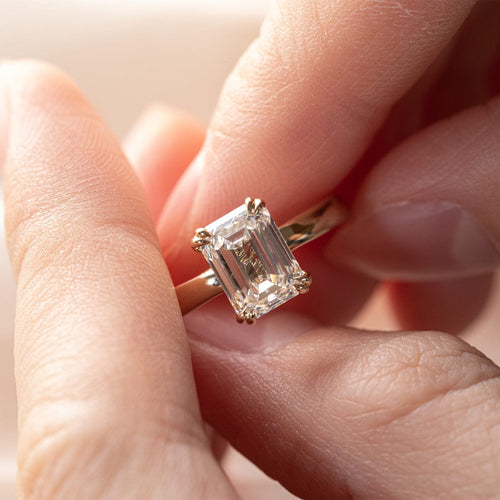14K Yellow Gold Emerald Cut Lab Diamond Double Prong Solitaire Ring (Ring Setting Only)