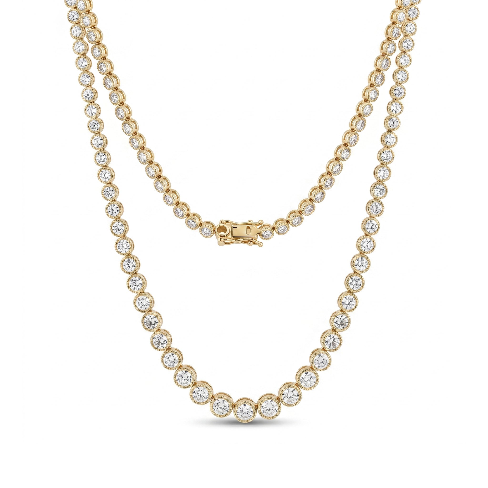 14K Yellow Gold Graduated Bezel - Set Round Diamond Tennis Necklace (18") - MMR