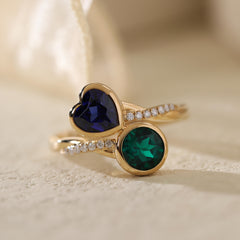 14K Yellow Gold Heart Lab Sapphire and Round Zambian Lab Emerald Bezel Toi et Moi Ring - MMR