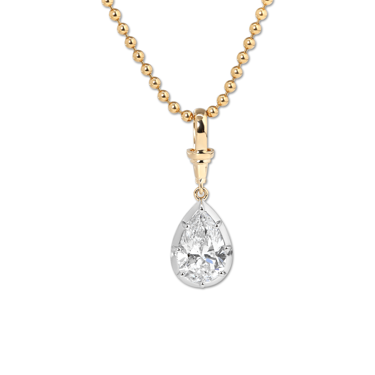 14K Yellow Gold Necklace with 3ct Pear Shaped Lab Diamond Pendant in White Gold Bezel Setting and Beaded Chain - MMR