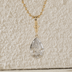 14K Yellow Gold Necklace with 3ct Pear Shaped Lab Diamond Pendant in White Gold Bezel Setting and Beaded Chain - MMR