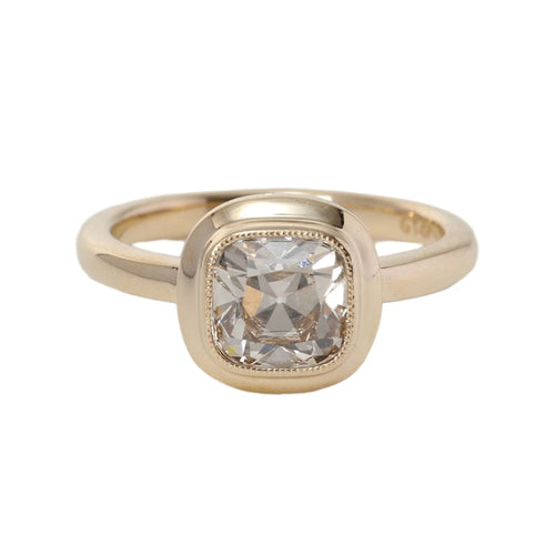14k Yellow Gold Old Mine Cut Antique Cushion Lab Grown Diamond Bezel Solitaire Ring
