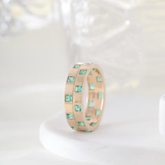 14K Yellow Gold Princess Cut Colombian Emerald Eternity Ring - MMR