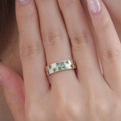 14K Yellow Gold Princess Cut Colombian Emerald Eternity Ring - MMR