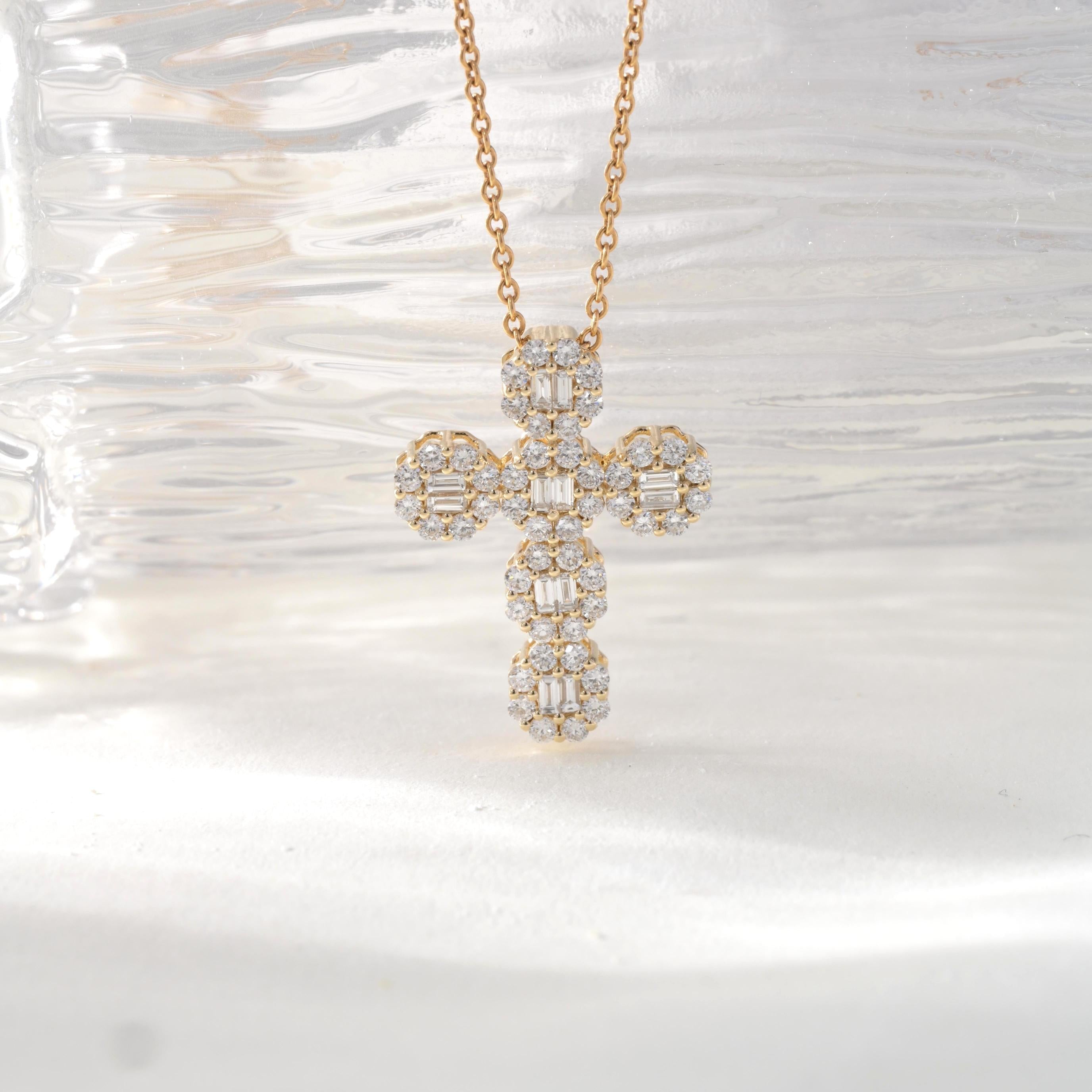 14K Yellow Gold Round and Baguette Cut Lab Diamond Cross Pendant (Pendant only) - MMR