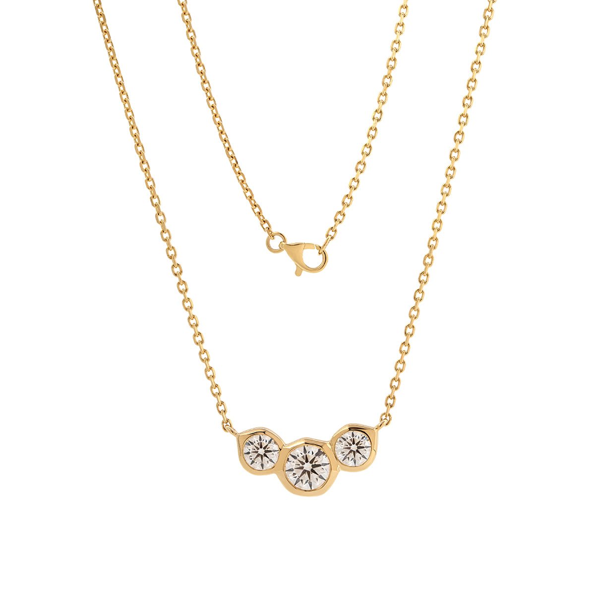 14K Yellow Gold Three - stone Round Brilliant Cut Bezel Set Design Pendant Necklace (40+5cm) - MMR