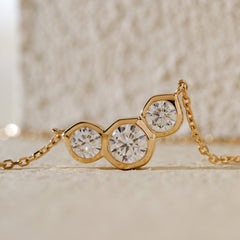14K Yellow Gold Three - stone Round Brilliant Cut Bezel Set Design Pendant Necklace (40+5cm) - MMR