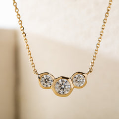 14K Yellow Gold Three - stone Round Brilliant Cut Bezel Set Design Pendant Necklace (40+5cm) - MMR