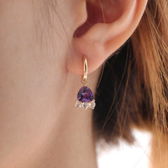 14K Yellow Gold Trillion Cut Amethyst and Rose Cut Lab Diamond Drop Earrings - MMR