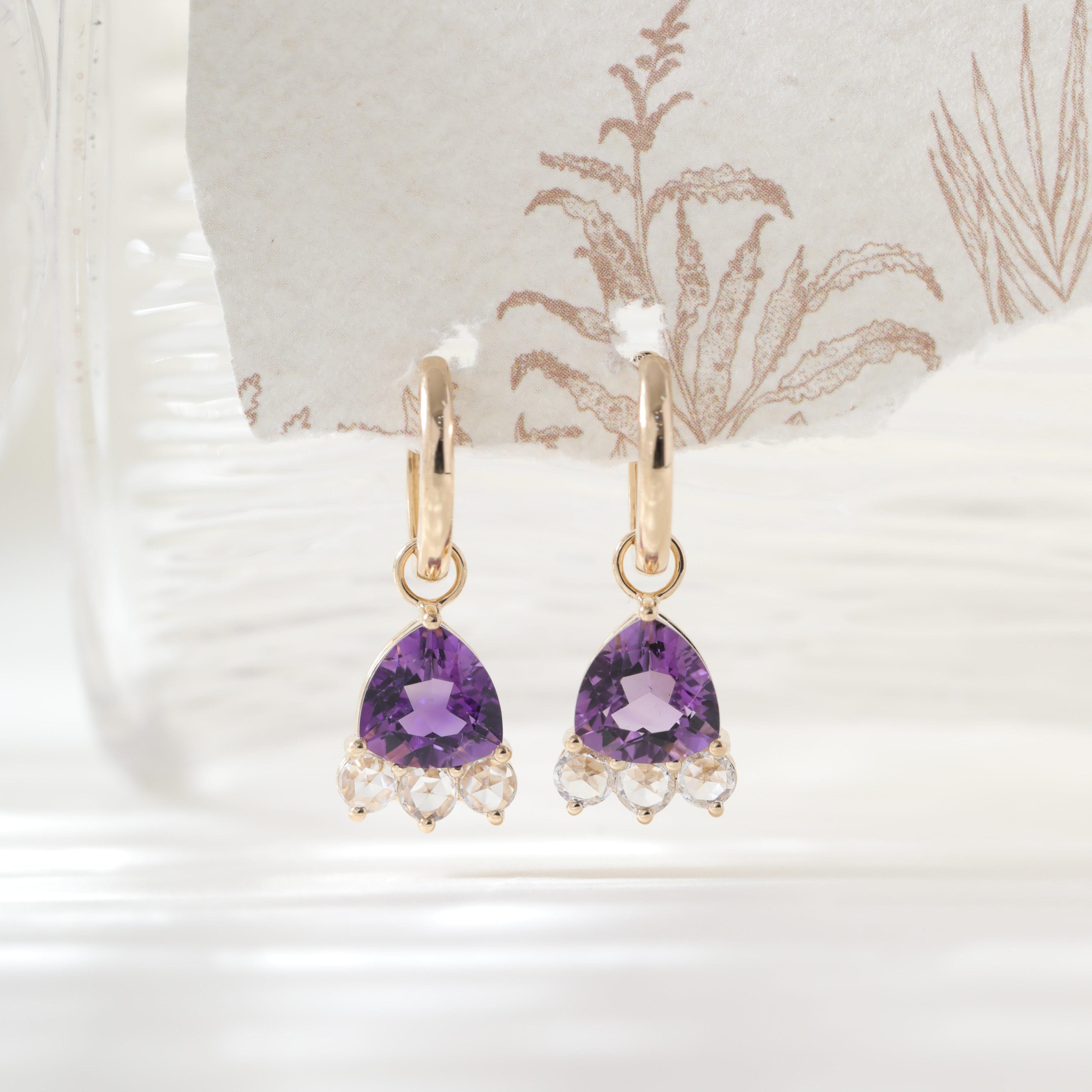 14K Yellow Gold Trillion Cut Amethyst and Rose Cut Lab Diamond Drop Earrings - MMR