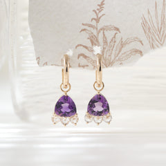 14K Yellow Gold Trillion Cut Amethyst and Rose Cut Lab Diamond Drop Earrings - MMR