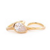 14k Yellow Gold 2.5ct Pear Old Mine Cut Lab Diamond Bezel Bridal Set Rings