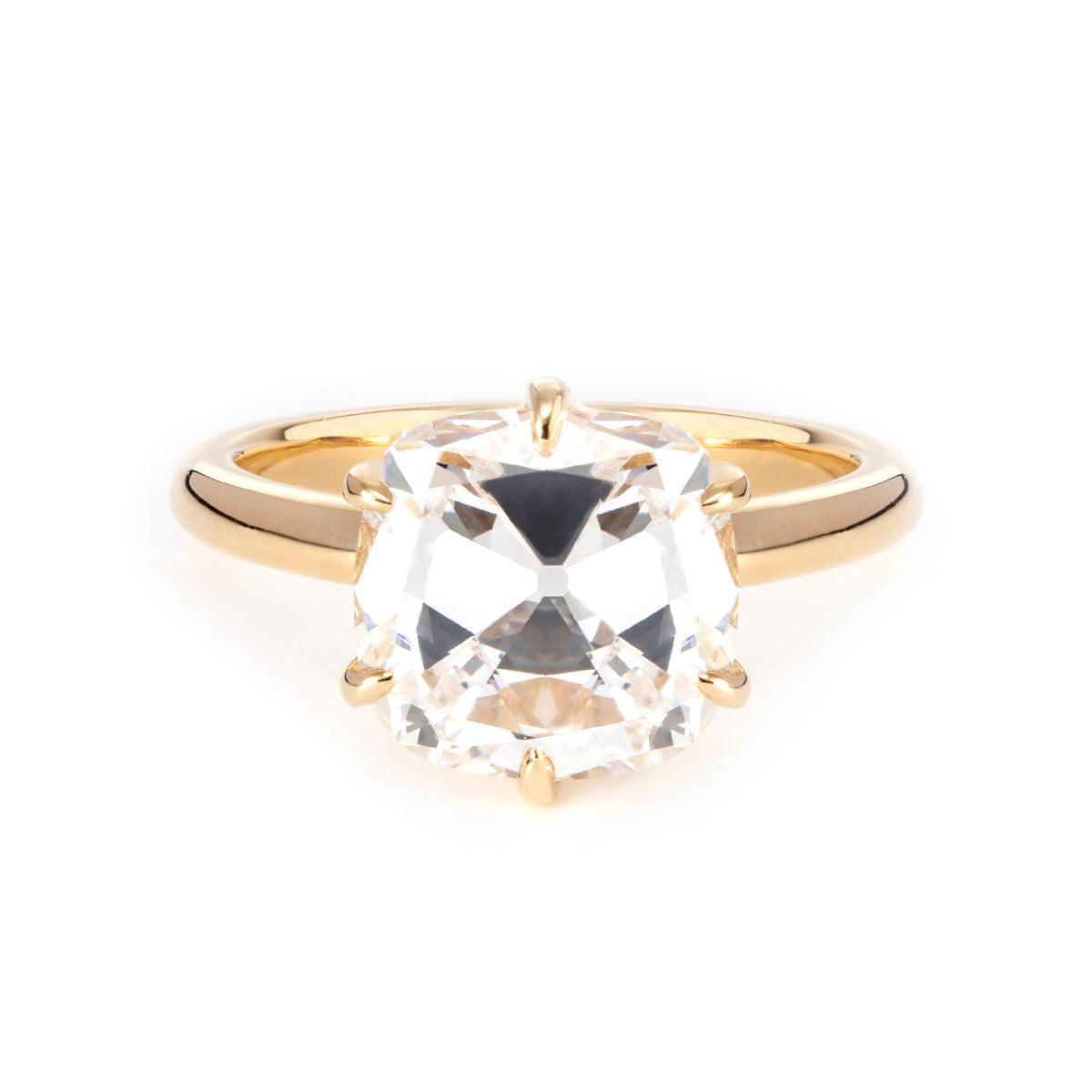 14K Yellow Gold 3ct Old Mine Cut Cushion Diamond Hidden Basket Ring with 6 Prongs Floral Vintage Solitaire Design