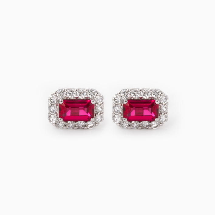 14K White Gold Emerald Cut Ruby Halo Stud Earrings14K White Gold Emerald Cut Lab Diamond Tennis Bracelet| Fiorese Jewelry