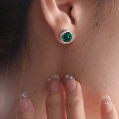 Round Zambian Lab Emerald Bezel Stud Earrings