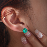 14K Yellow Gold 4.5 ct tw Asshcer Cut Colombian Lab Emerald 4 Claw Prong Basket Stud Earrings