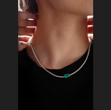 14K White Gold 1.8mm Round Lab Diamond Tennis Necklace with A 8*6mm Lab Emerald