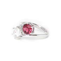 18K White Gold Round Cut Lab Diamond & Lab Ruby Toi et Moi Ring